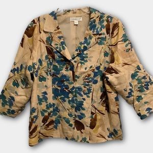 Coldwater Creek Oatmeal Floral Linen Blend Lined 3/4 Sleeve Crop Jacket EUC
